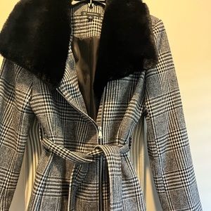 INC medium plaid coat with fur collar